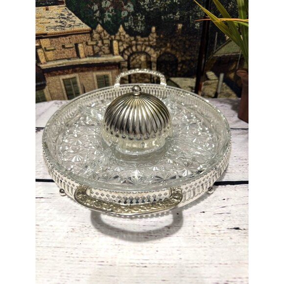 Vintage Silver-Plated Glass Relish Tray With Lid & Handles - Picture 8 of 13